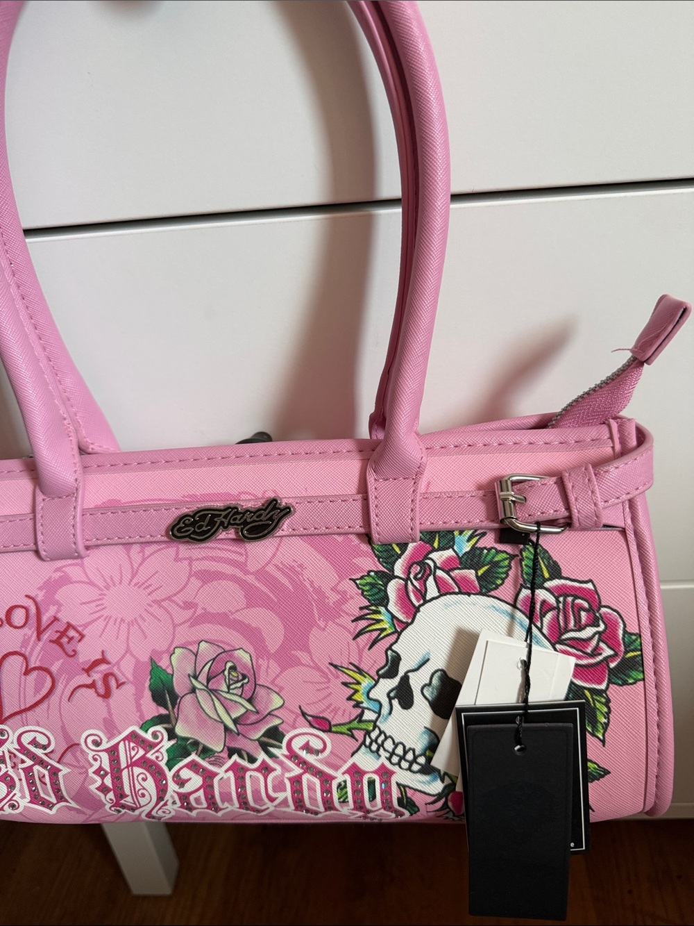 Ed Hardy Pink Floral Skull Shoulder Bag - Picture 2 of 7